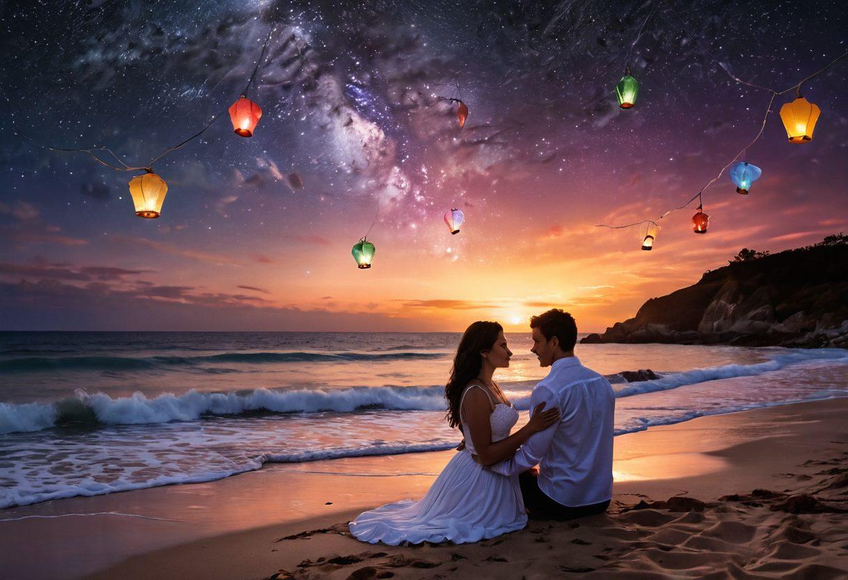 A passionate couple sharing an intimate moment under a starry night sky, surrounded by soft, warm lighting that highlights their tender expressions and connection. The backdrop features rainbow-colored lanterns, symbolizing love and pride, and gentle waves lapping at a nearby shore, representing calmness and commitment. Their hands intertwined elegantly, showcasing a beautiful piece of jewelry that signifies devotion. super-realistic. vibrant colors. 3D.