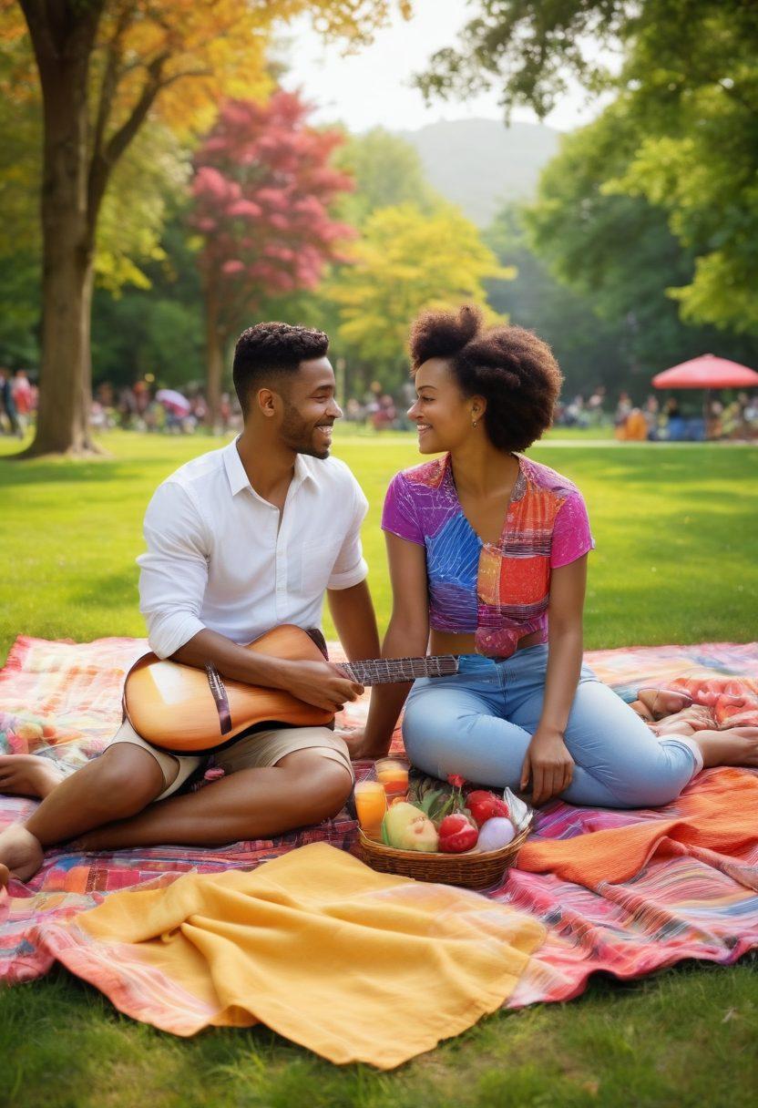 A vibrant scene of diverse couples engaged in various romantic activities in a picturesque park, showcasing love and connection in LGBT relationships. Include elements like colorful picnic blankets, flowers, and a rainbow flag subtly waving in the background. The couples should be of different ethnicities, expressing joy and intimacy. Emphasize a warm, inviting atmosphere. super-realistic. vibrant colors.