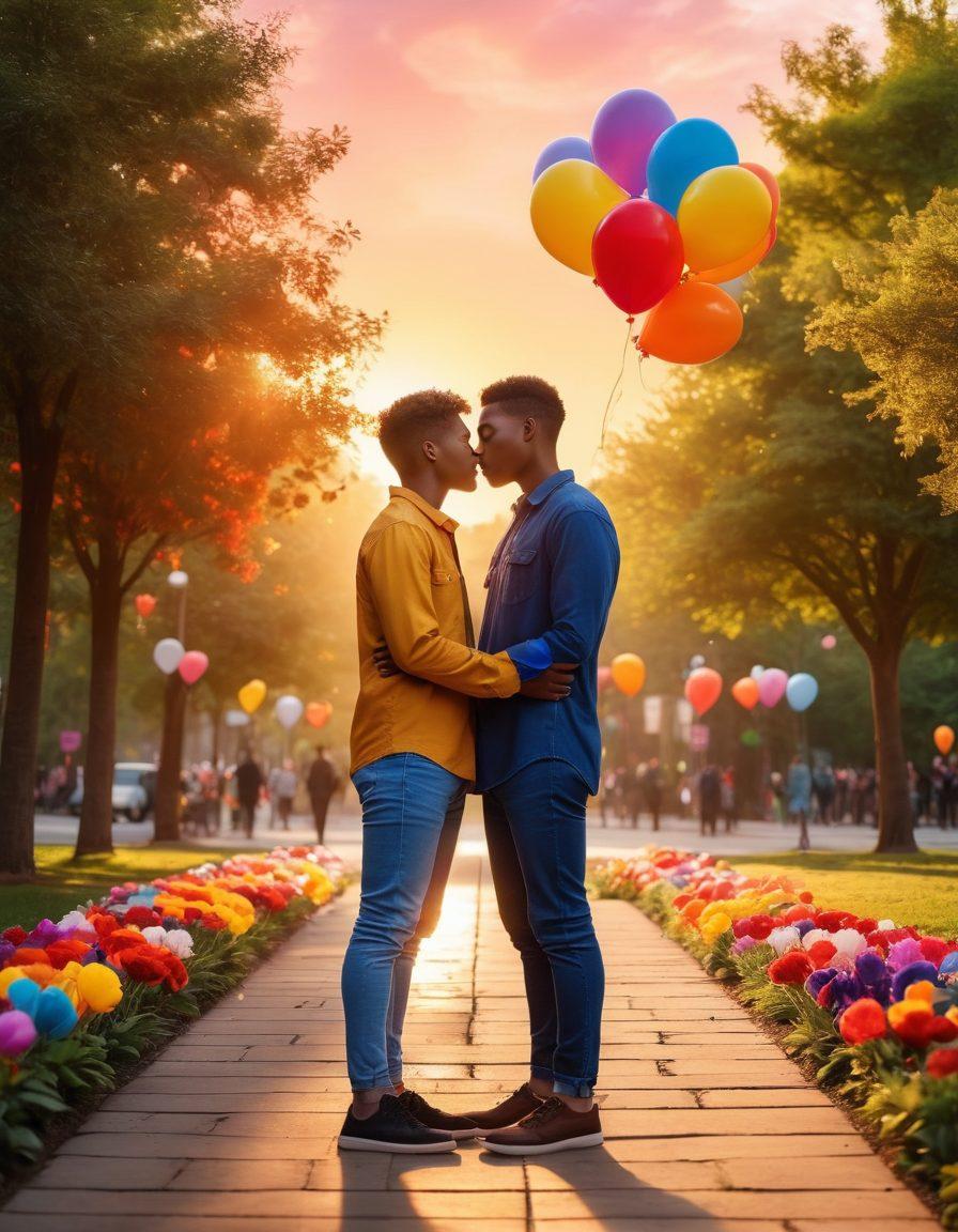 A heartwarming scene depicting two diverse same-sex couples in an intimate moment, surrounded by symbols of love like rainbow flags and heart-shaped balloons. The background features a vibrant city park with blooming flowers and a soft sunset, symbolizing warmth and acceptance. Emphasize the couples' joyful expressions and unique styles to reflect individuality and commitment. The overall ambiance should be colorful and inviting. super-realistic. vibrant colors. warm lighting.